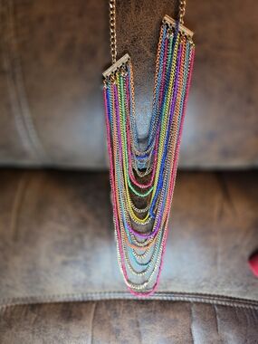 Multicolor Layered Chain Necklace and Earrings Set - Gold Hardware